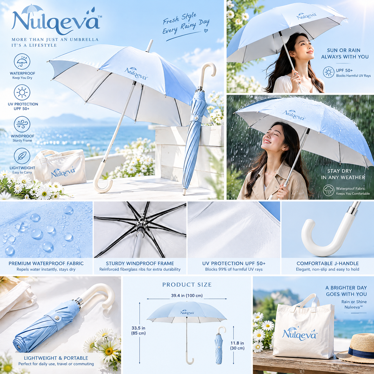 Nulqeva™ Classic Stick Umbrella – UPF 50+ UV &amp; Waterproof Windproof Long Handle Umbrella with J-Hook, Lightweight (Sky Blue)