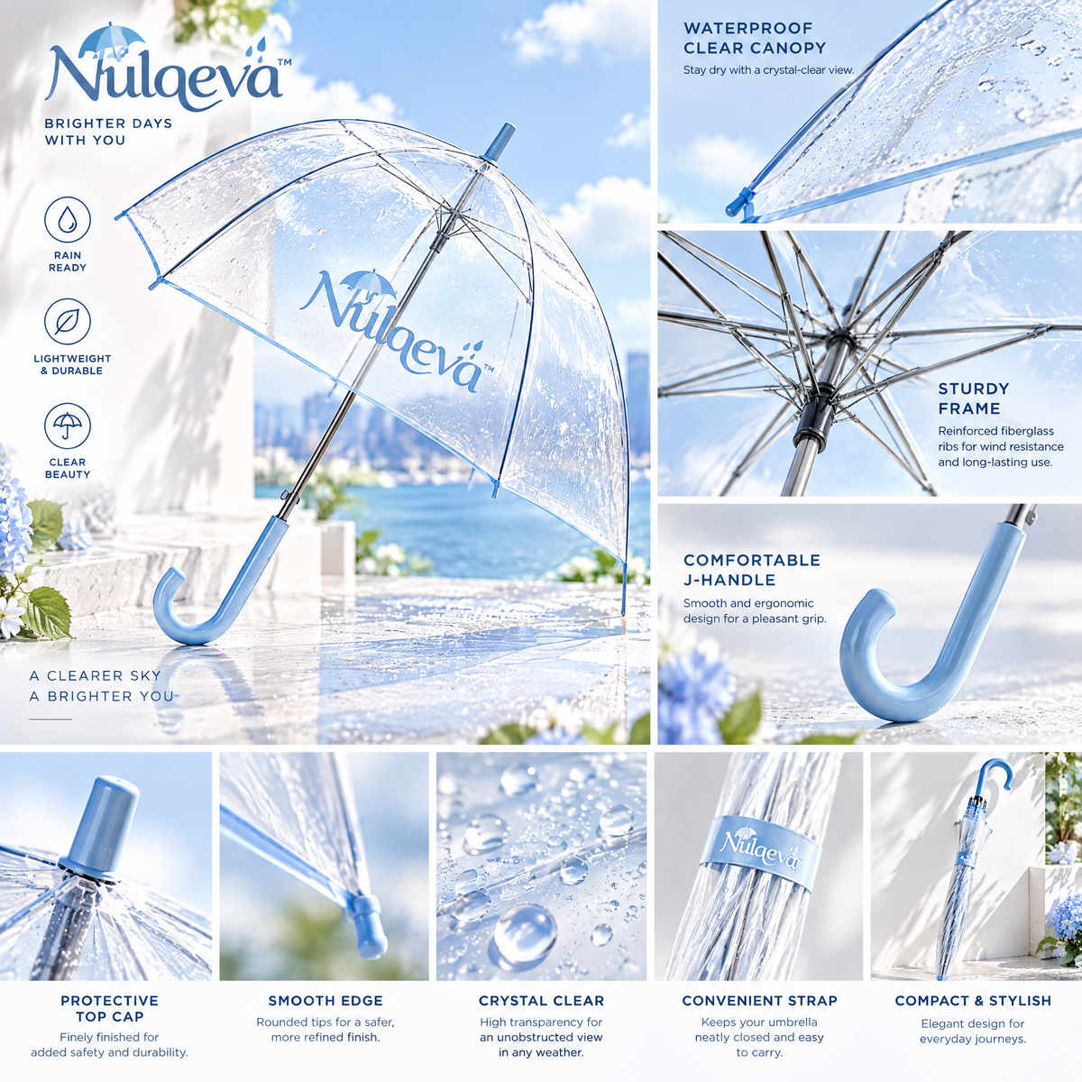Nulqeva™ Clear Bubble Umbrella – Lightweight Windproof Transparent Dome Rain Umbrella with Sky Blue J-Handle