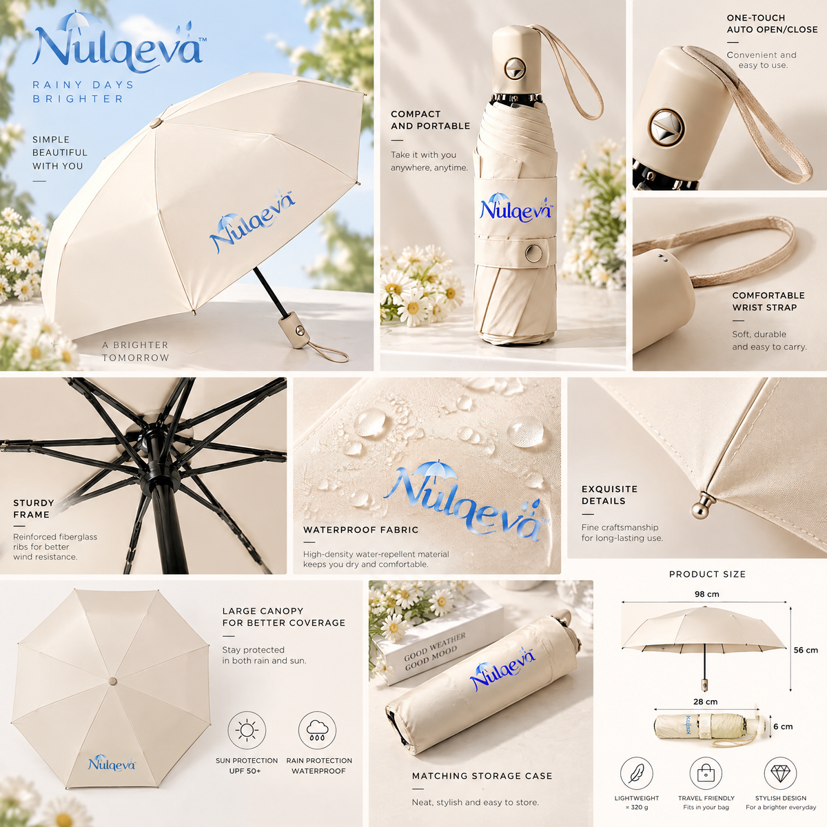Nulqeva™ Compact Automatic Travel Umbrella – Lightweight, Windproof &amp; Waterproof Folding Rain Umbrella