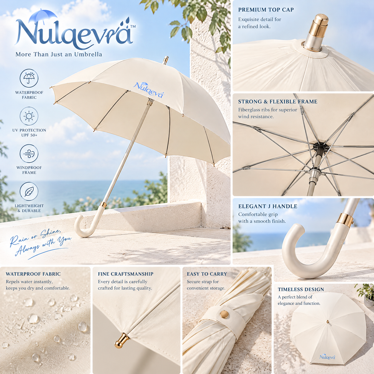 Nulqeva™ Luxury Stick Umbrella – UPF 50+ UV Protection &amp; Windproof Rain Parasol with Elegant J-Handle