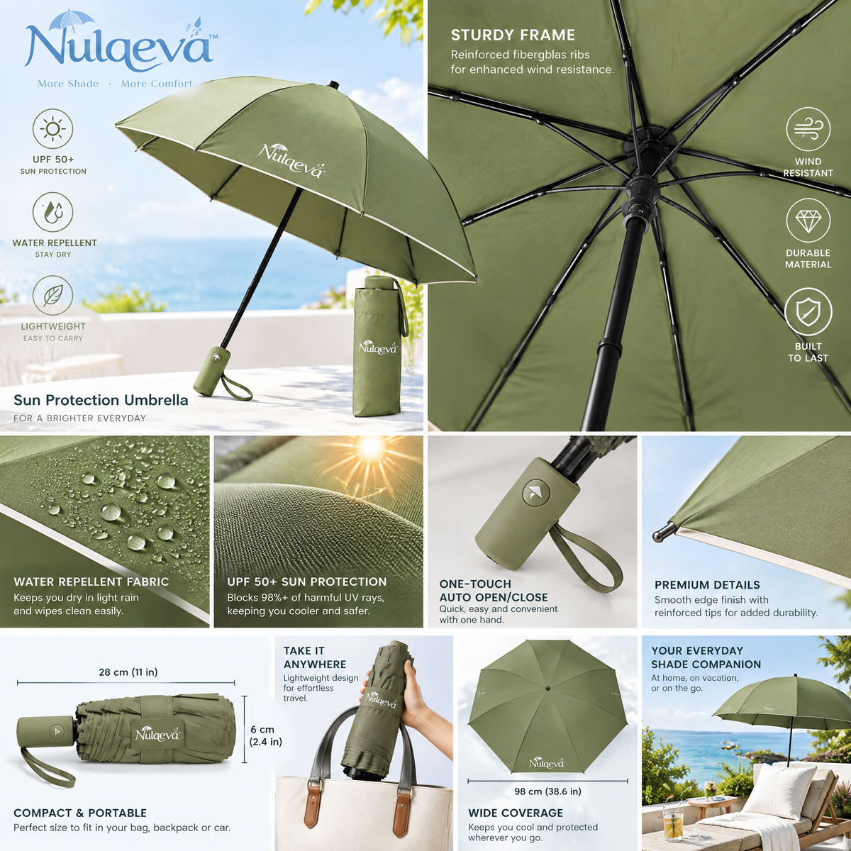 Nulqeva™ UPF 50+ Compact Sun &amp; Rain Umbrella – Lightweight, Water-Repellent Travel Umbrella with Carrying Sleeve