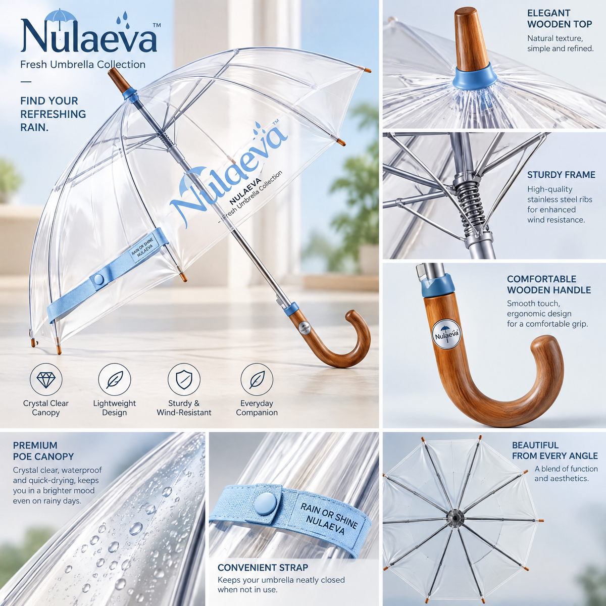 Nulqeva™ K-Fresh Clear Dome Umbrella with Natural Curved Wood Handle
