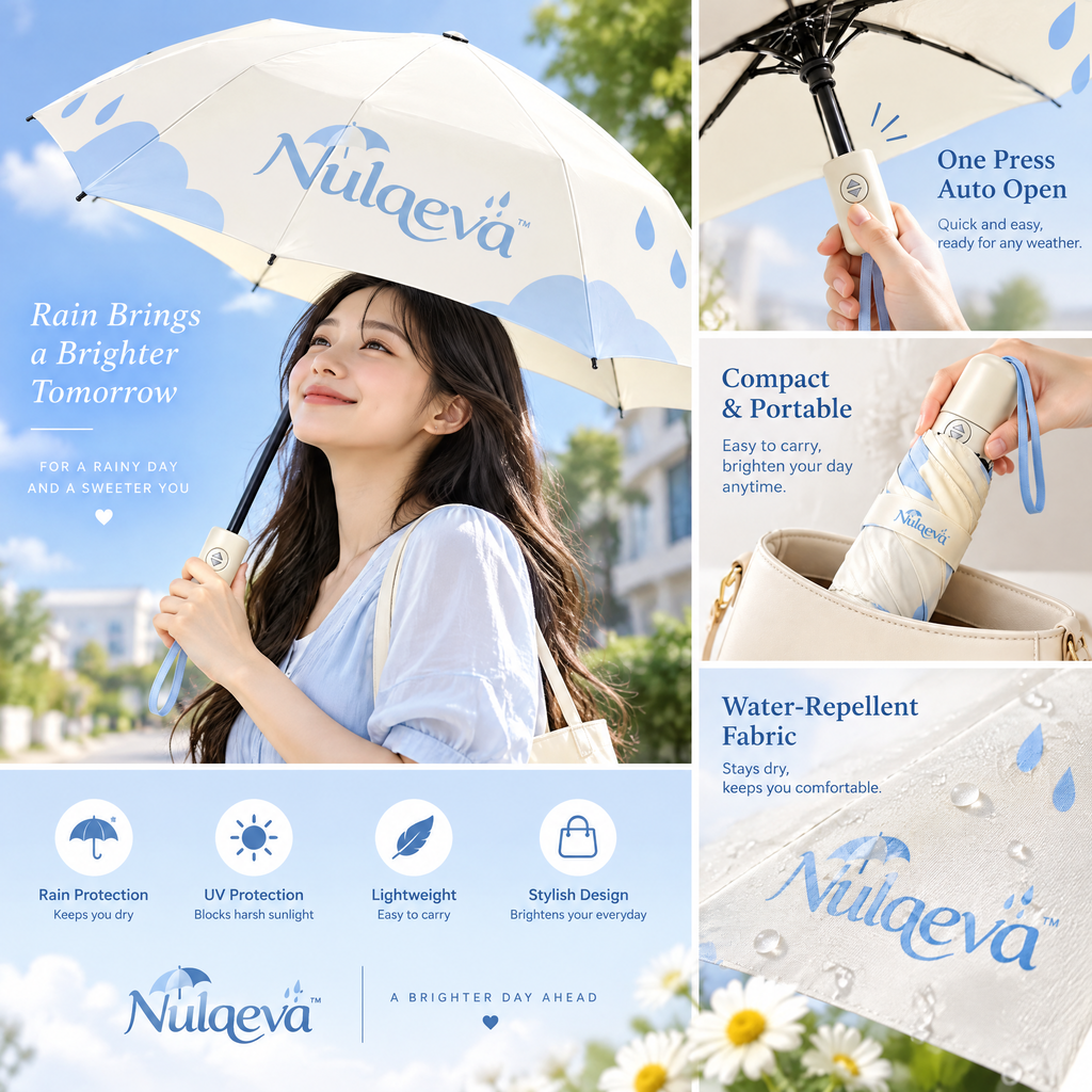 Nulqeva™ Automatic Compact Folding Umbrella – Pastel Cloud &amp; Rain Print, Portable Windproof Umbrella with Matching Sleeve &amp; Gift Box