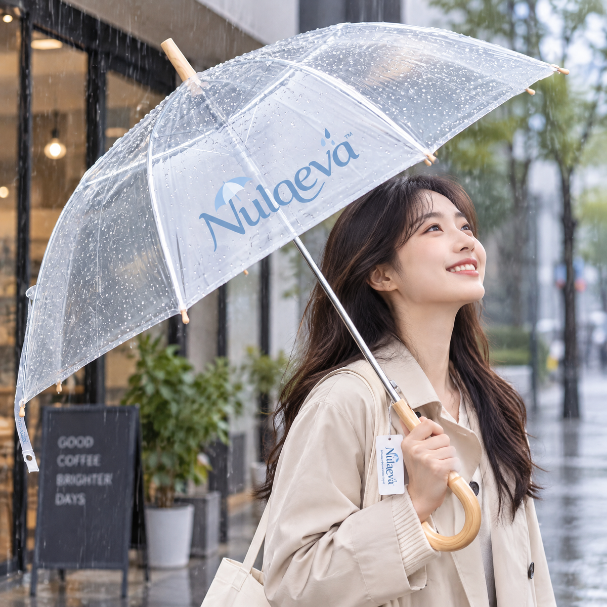 Nulqeva™ Clear Bubble Umbrella with Natural Wood J-Handle – Windproof Transparent Dome Rain Umbrella for Weddings, Commute &amp; Daily Style