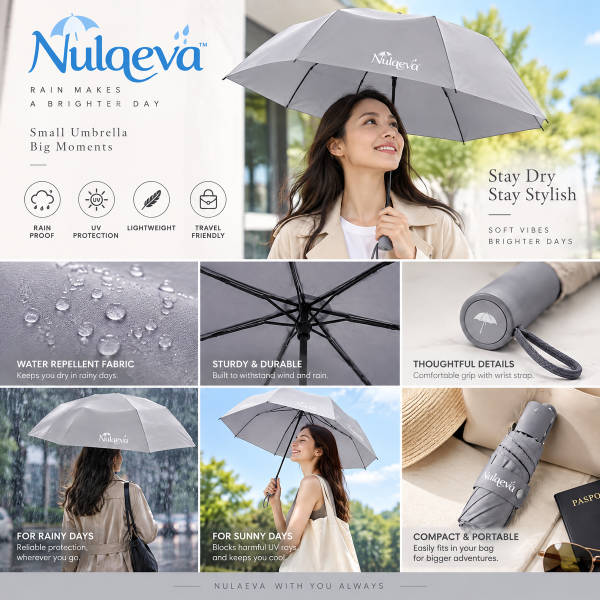 Nulqeva™ Compact Travel Umbrella – Lightweight, Waterproof &amp; UV Protection Mini Folding Umbrella (Fog Gray)