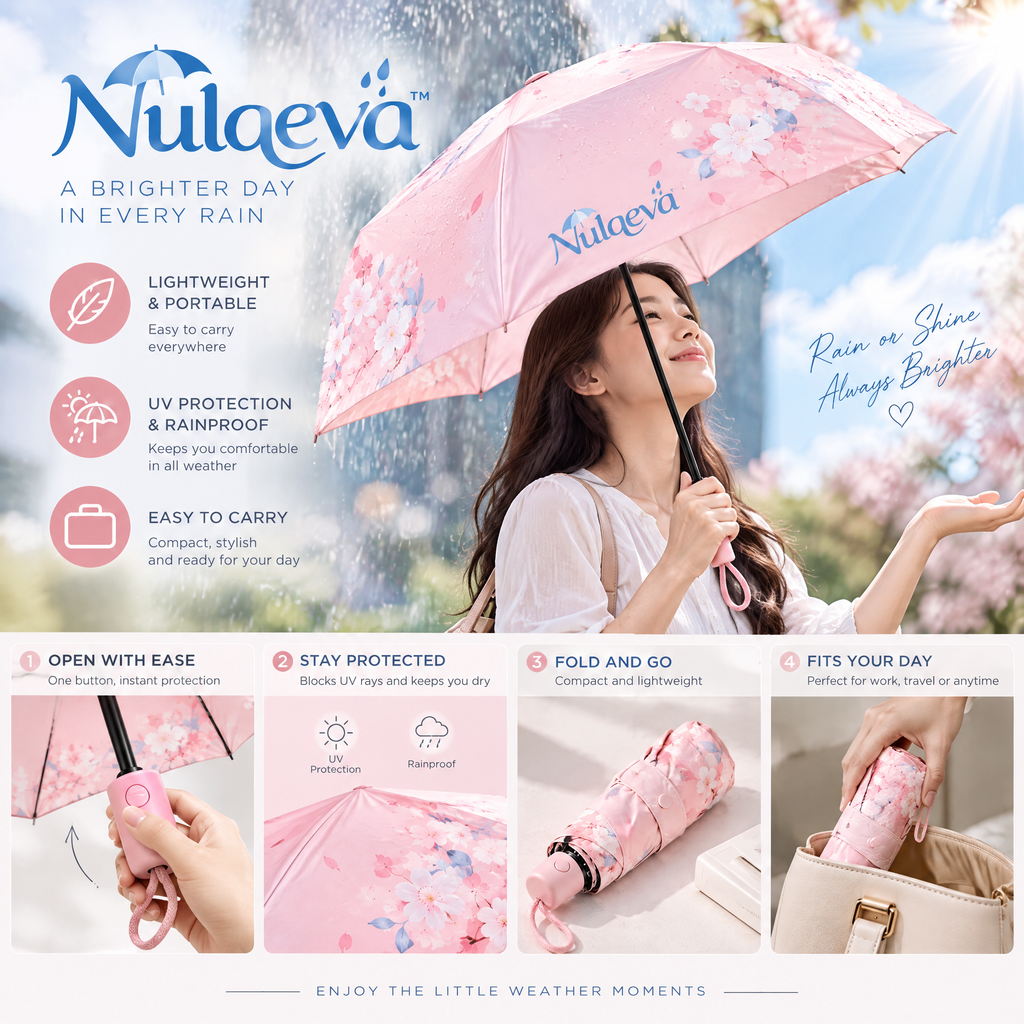 Nulaevä™ Compact Travel Umbrella – Sakura Cherry Blossom Floral Print, Lightweight UV Sun &amp; Rain Umbrella with Aesthetic Gift Box