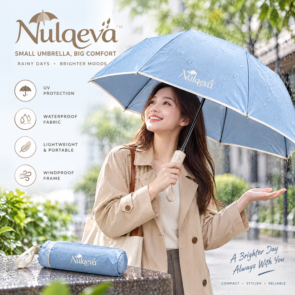 Nulqeva™ Compact Travel Umbrella – Lightweight Windproof UV Sun &amp; Rain Umbrella with Matching Sleeve (Sky Blue)