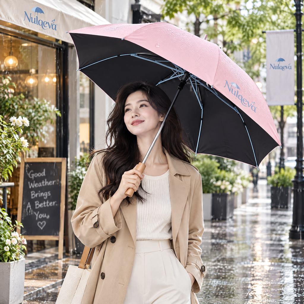 Nulqeva™ UPF 50+ UV Blocking Sun &amp; Rain Folding Umbrella with Natural Wood Handle – Pastel Pink