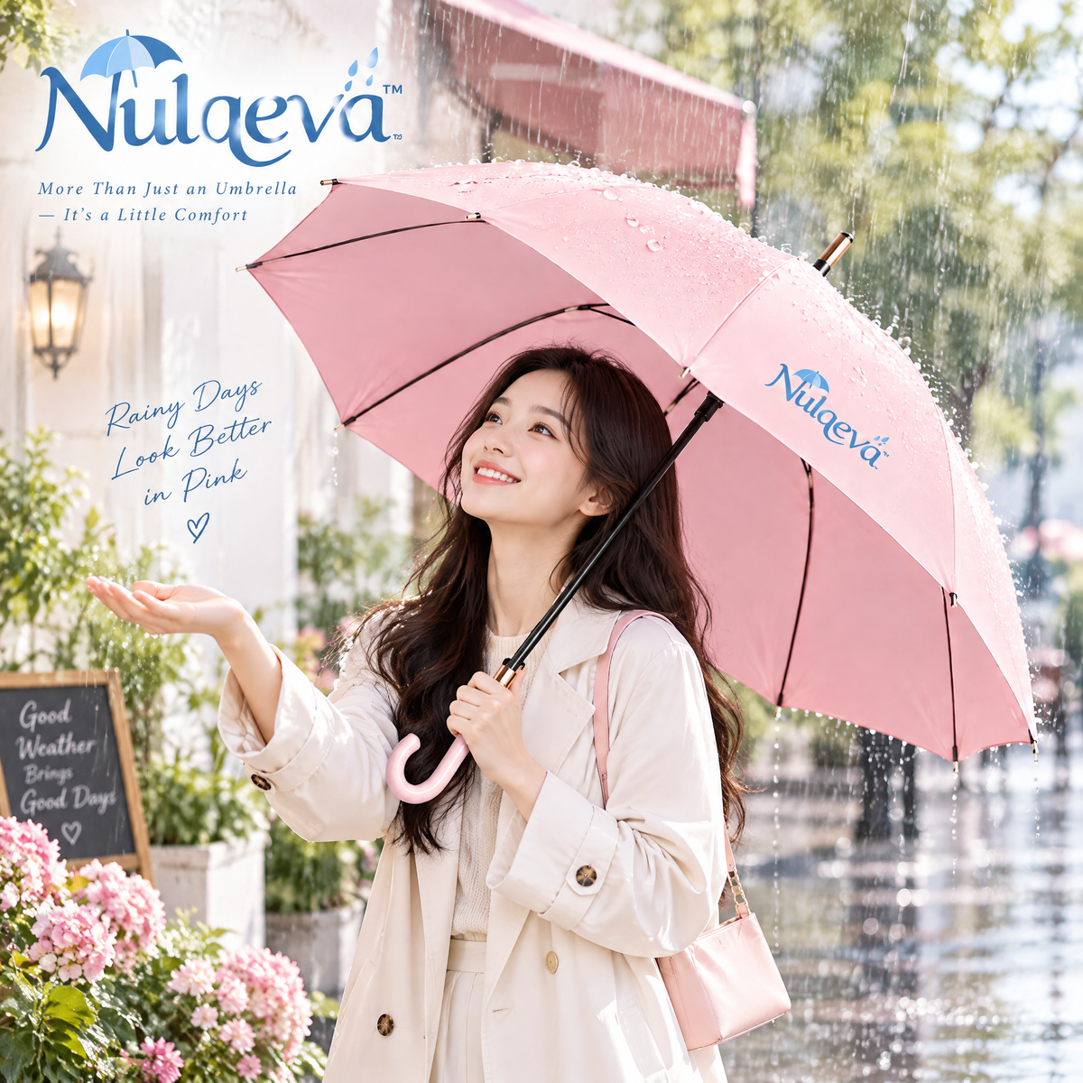 Nulqeva™ Windproof Stick Umbrella for Rain &amp; Sun – UPF 50+ UV Protection, Water-Repellent Lightweight Canopy with Elegant Curved Handle &amp; Gold Accents (Blush Pink)