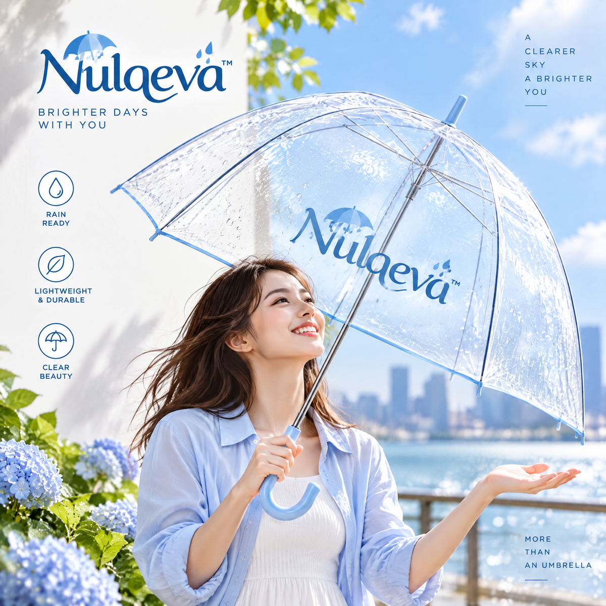 Nulqeva™ Clear Bubble Umbrella – Lightweight Windproof Transparent Dome Rain Umbrella with Sky Blue J-Handle
